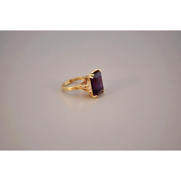 Vintage Estate 14k Solid Gold Natural Amethyst & Diamond Ring Large Emerald Cut - Picture 5 of 8
